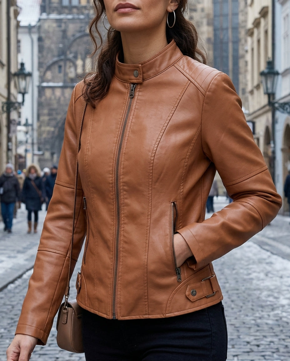 Women's Cropped Leather-Look Moto Jacket – Snap Collar Paneled Zip Jacket