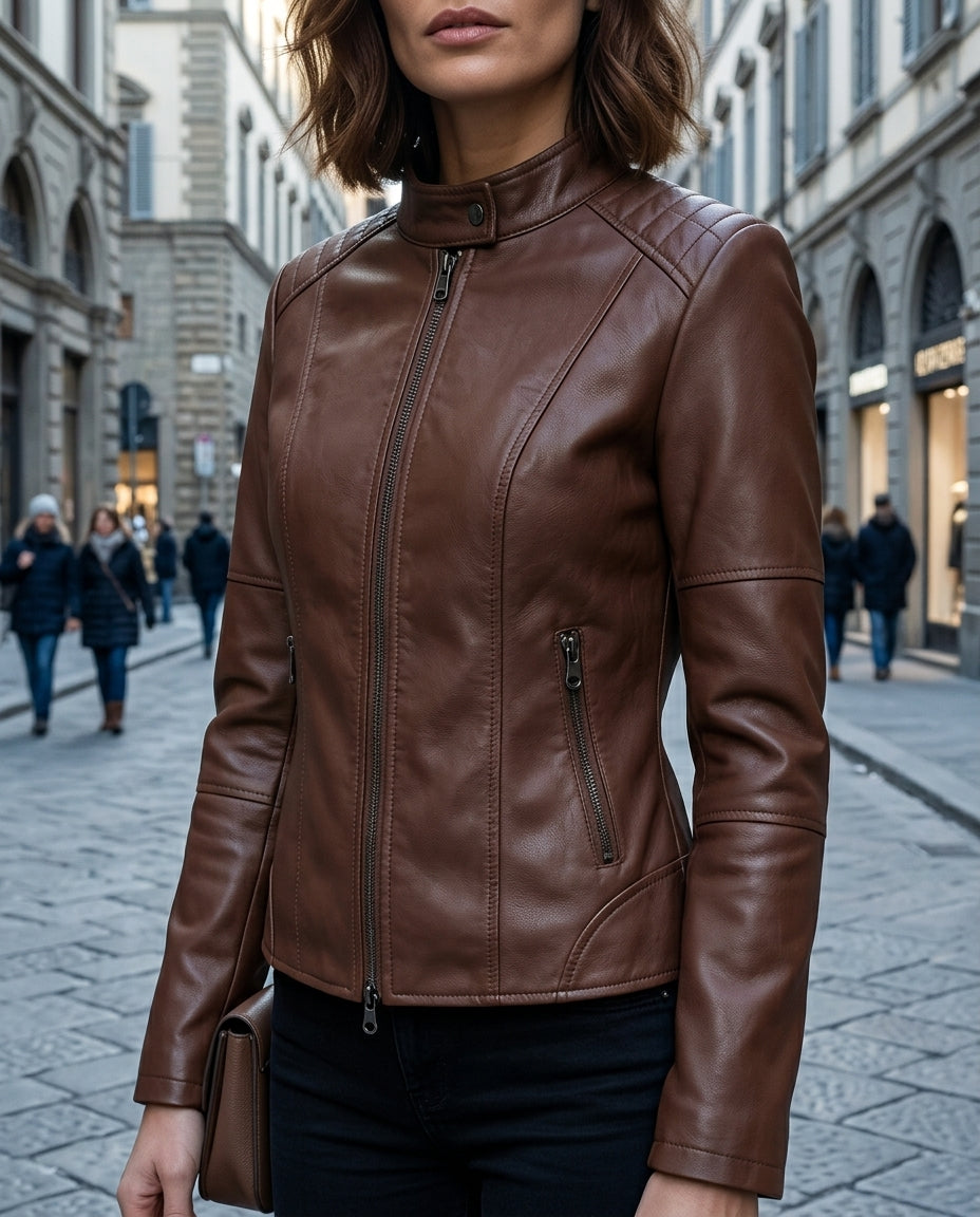 Women's Cropped Leather-Look Moto Jacket – Snap Collar Paneled Zip Jacket
