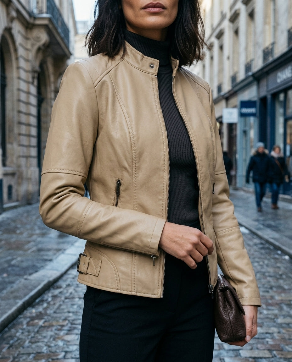Women's Cropped Leather-Look Moto Jacket – Snap Collar Paneled Zip Jacket