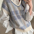 Women's Plaid V-Neck Sweater Vest – Knit Layering Vest with Ribbed Trim