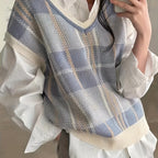 Women's Plaid V-Neck Sweater Vest – Knit Layering Vest with Ribbed Trim