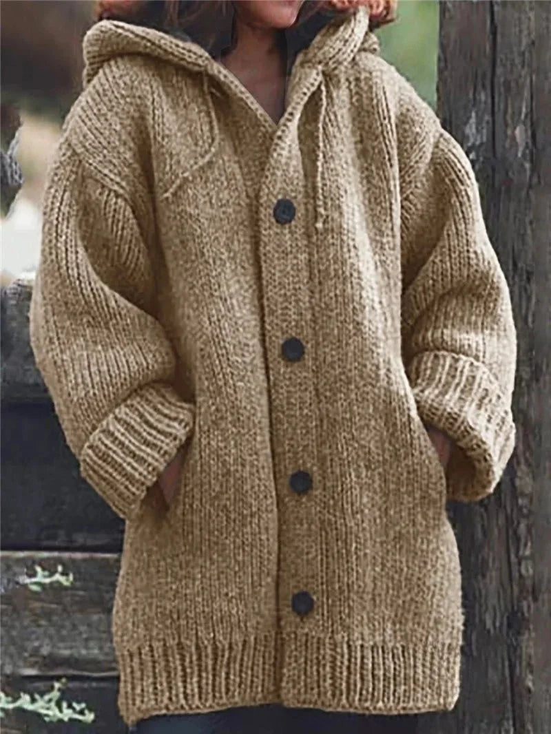 Women's Button-Up Hooded Cardigan – Relaxed Knit Sweater Jacket