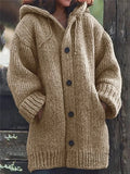Women's Button-Up Hooded Cardigan – Relaxed Knit Sweater Jacket