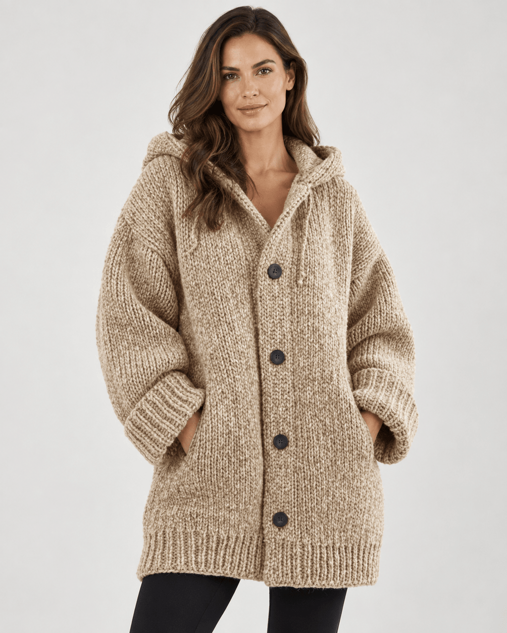 Women's Button-Up Hooded Cardigan – Relaxed Knit Sweater Jacket