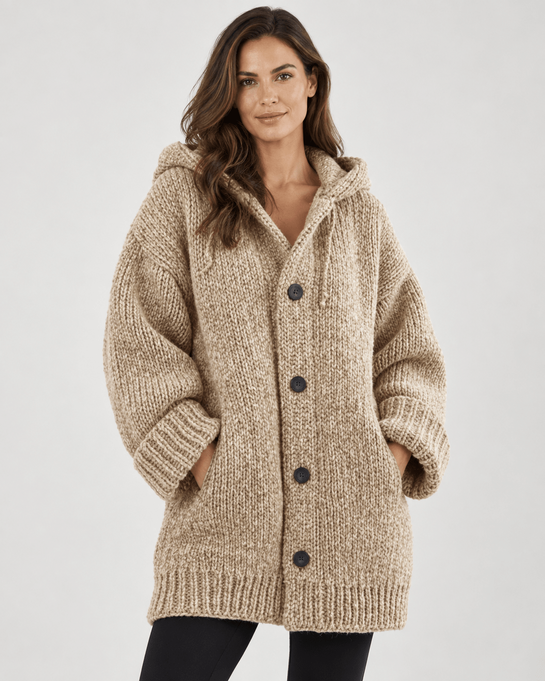 Women's Button-Up Hooded Cardigan – Relaxed Knit Sweater Jacket
