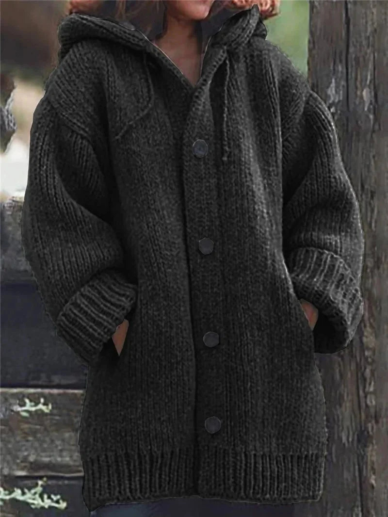 Women's Button-Up Hooded Cardigan – Relaxed Knit Sweater Jacket
