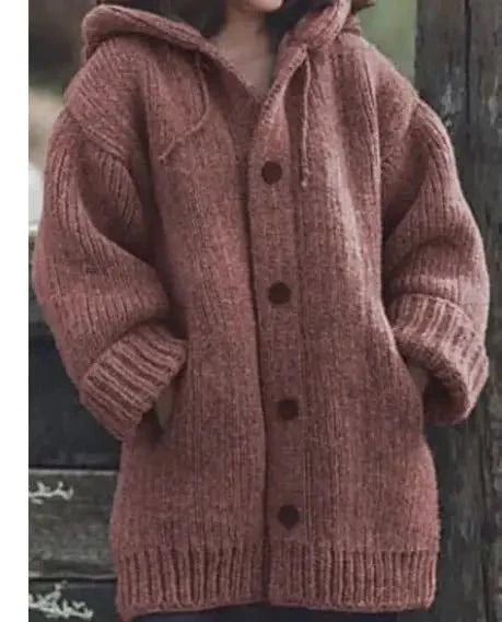 Women's Button-Up Hooded Cardigan – Relaxed Knit Sweater Jacket