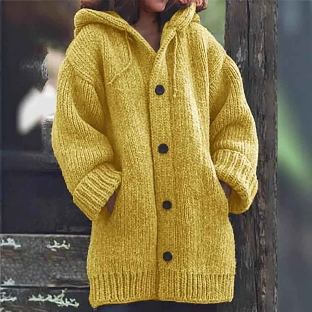 Women's Button-Up Hooded Cardigan – Relaxed Knit Sweater Jacket