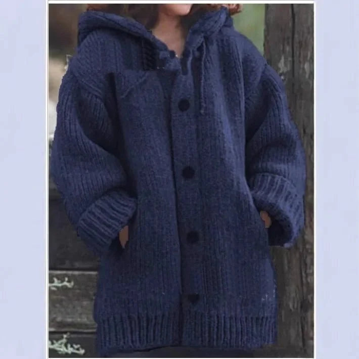 Women's Button-Up Hooded Cardigan – Relaxed Knit Sweater Jacket