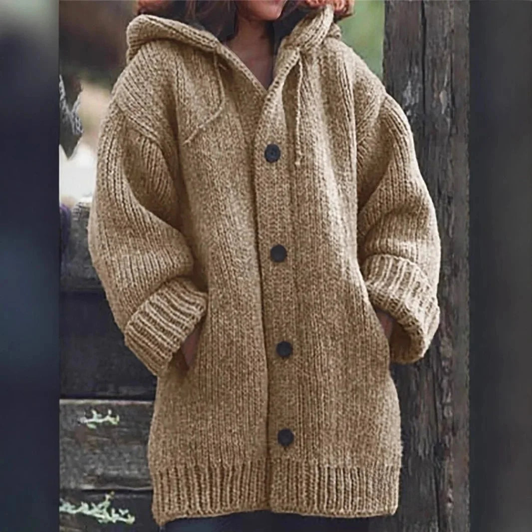 Women's Button-Up Hooded Cardigan – Relaxed Knit Sweater Jacket