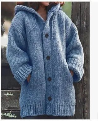 Women's Button-Up Hooded Cardigan – Relaxed Knit Sweater Jacket