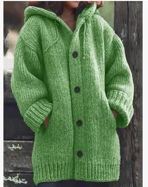 Women's Button-Up Hooded Cardigan – Relaxed Knit Sweater Jacket