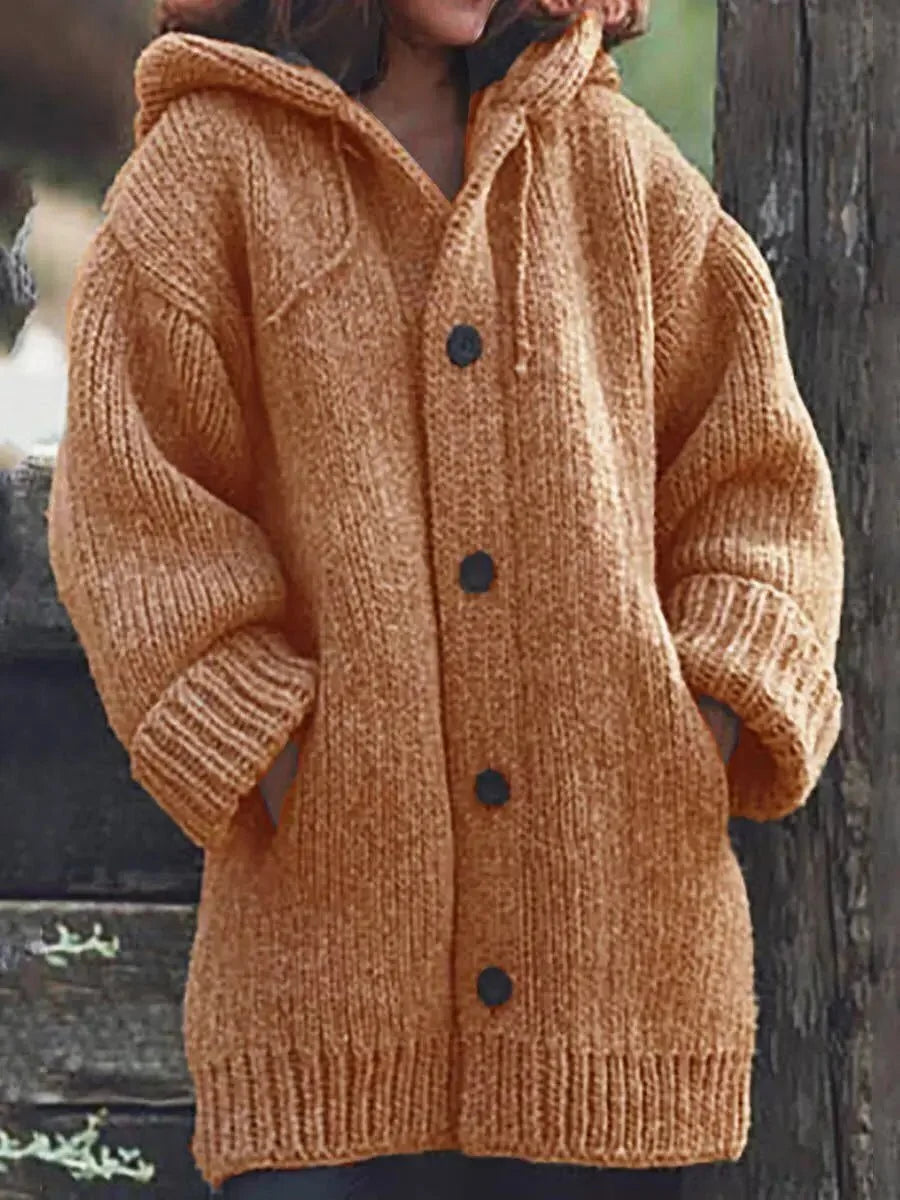 Women's Button-Up Hooded Cardigan – Relaxed Knit Sweater Jacket