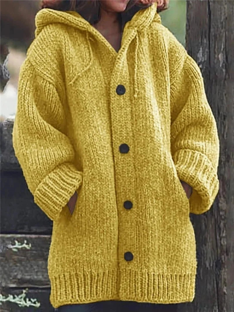 Women's Button-Up Hooded Cardigan – Relaxed Knit Sweater Jacket