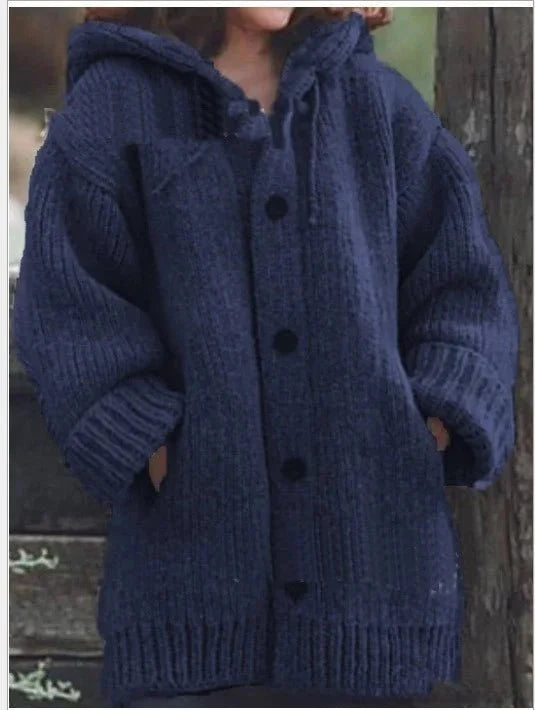 Women's Button-Up Hooded Cardigan – Relaxed Knit Sweater Jacket