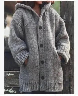 Women's Button-Up Hooded Cardigan – Relaxed Knit Sweater Jacket