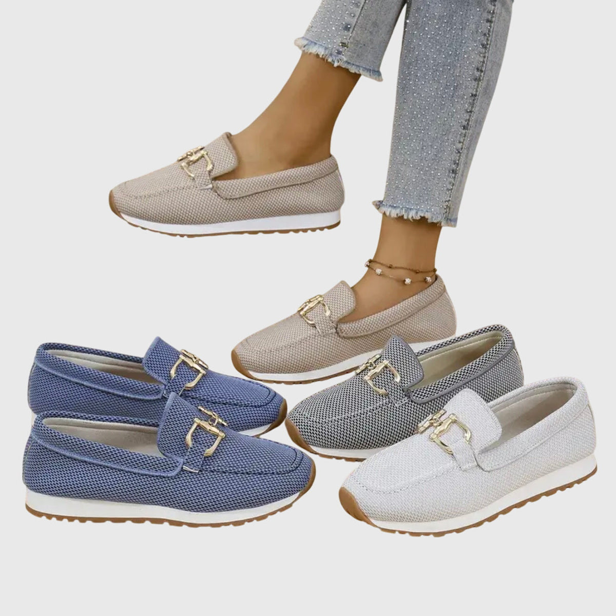 Women's Knit Mesh Loafer Sneakers – Slip-On Shoes with Gold-Tone Bit Buckle