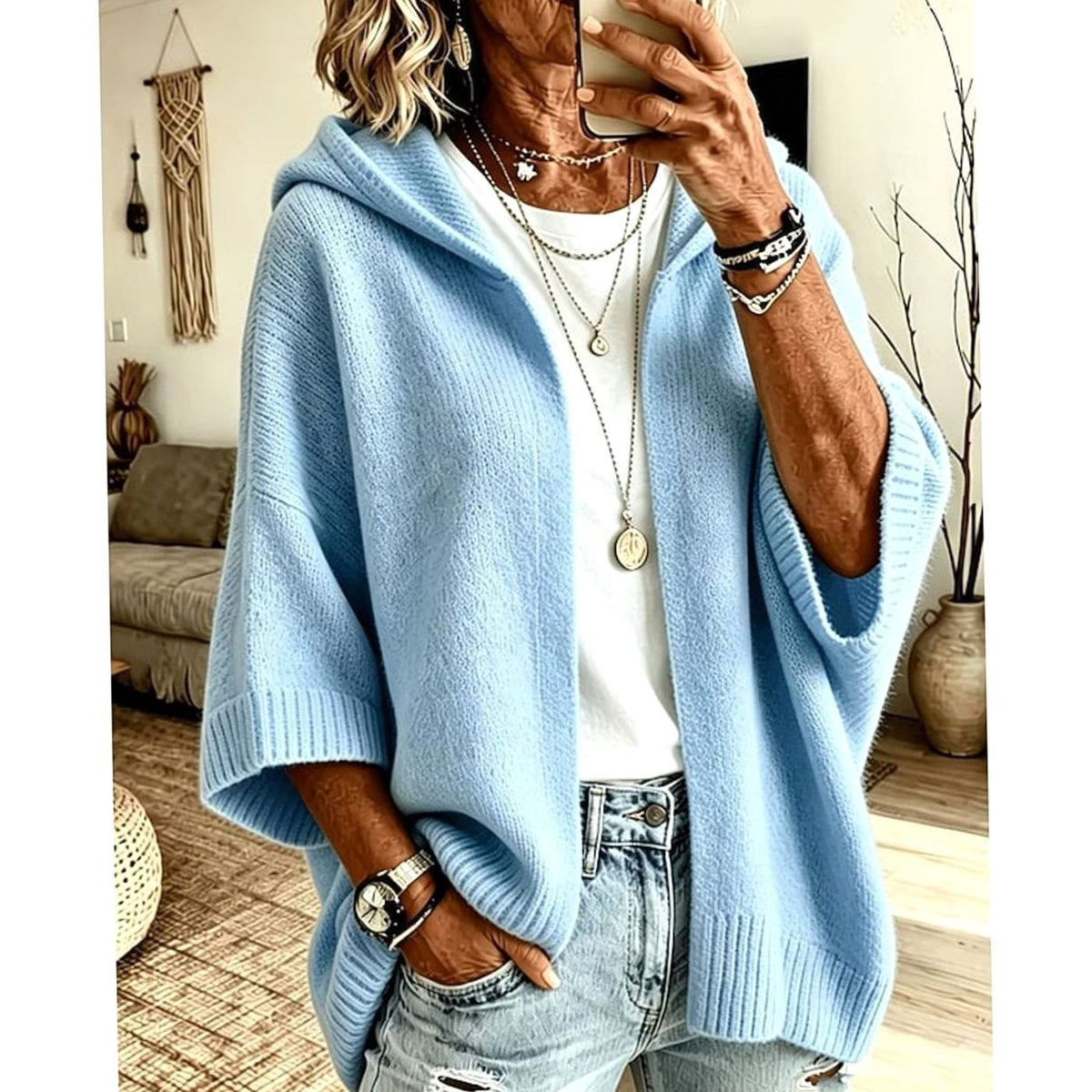 Women's Hooded Batwing Cardigan – Oversized Open-Front Knit Sweater
