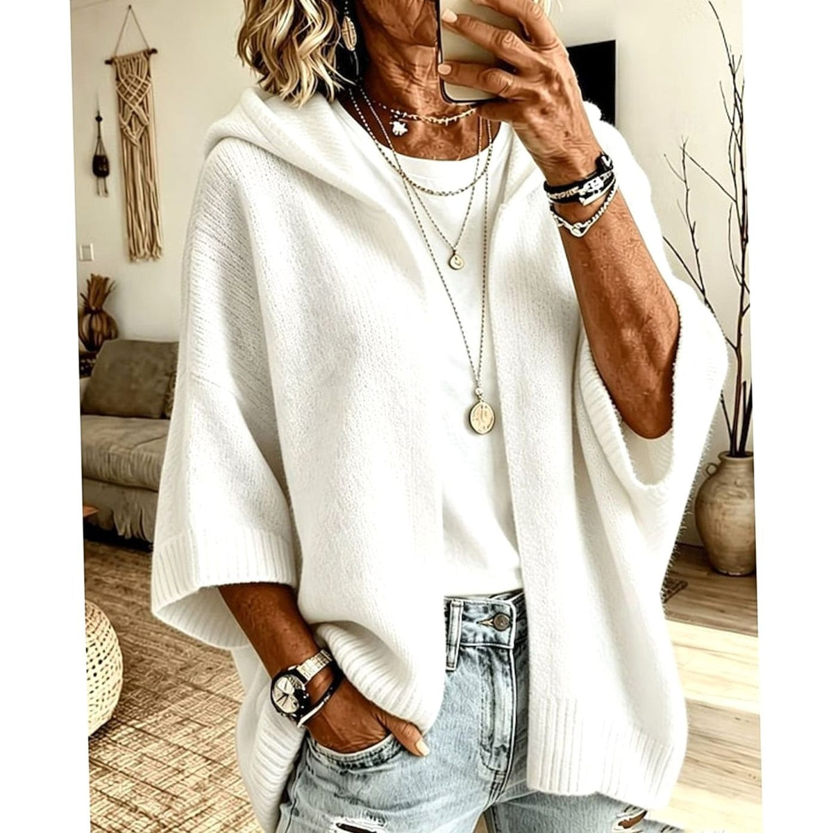 Women's Hooded Batwing Cardigan – Oversized Open-Front Knit Sweater