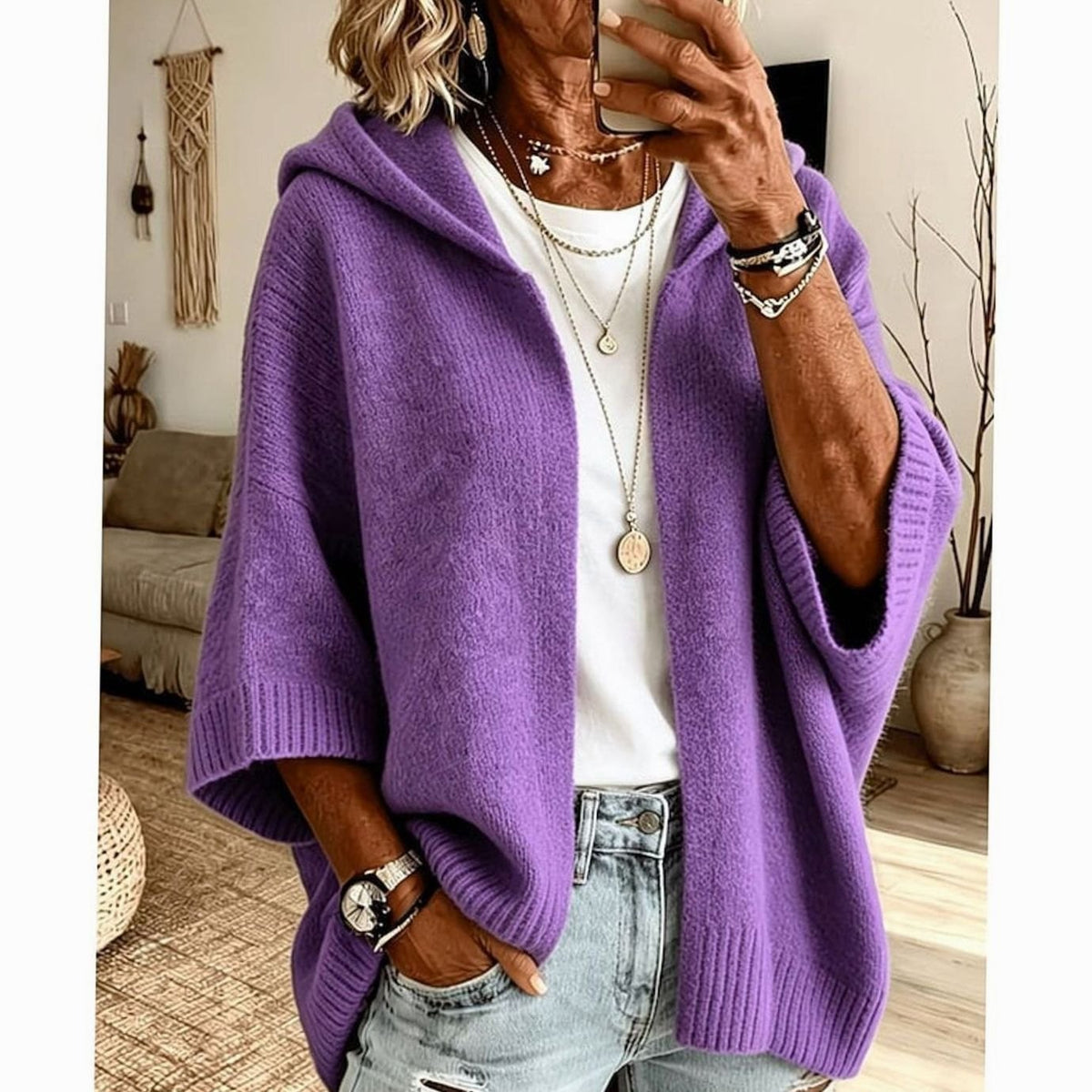 Women's Hooded Batwing Cardigan – Oversized Open-Front Knit Sweater