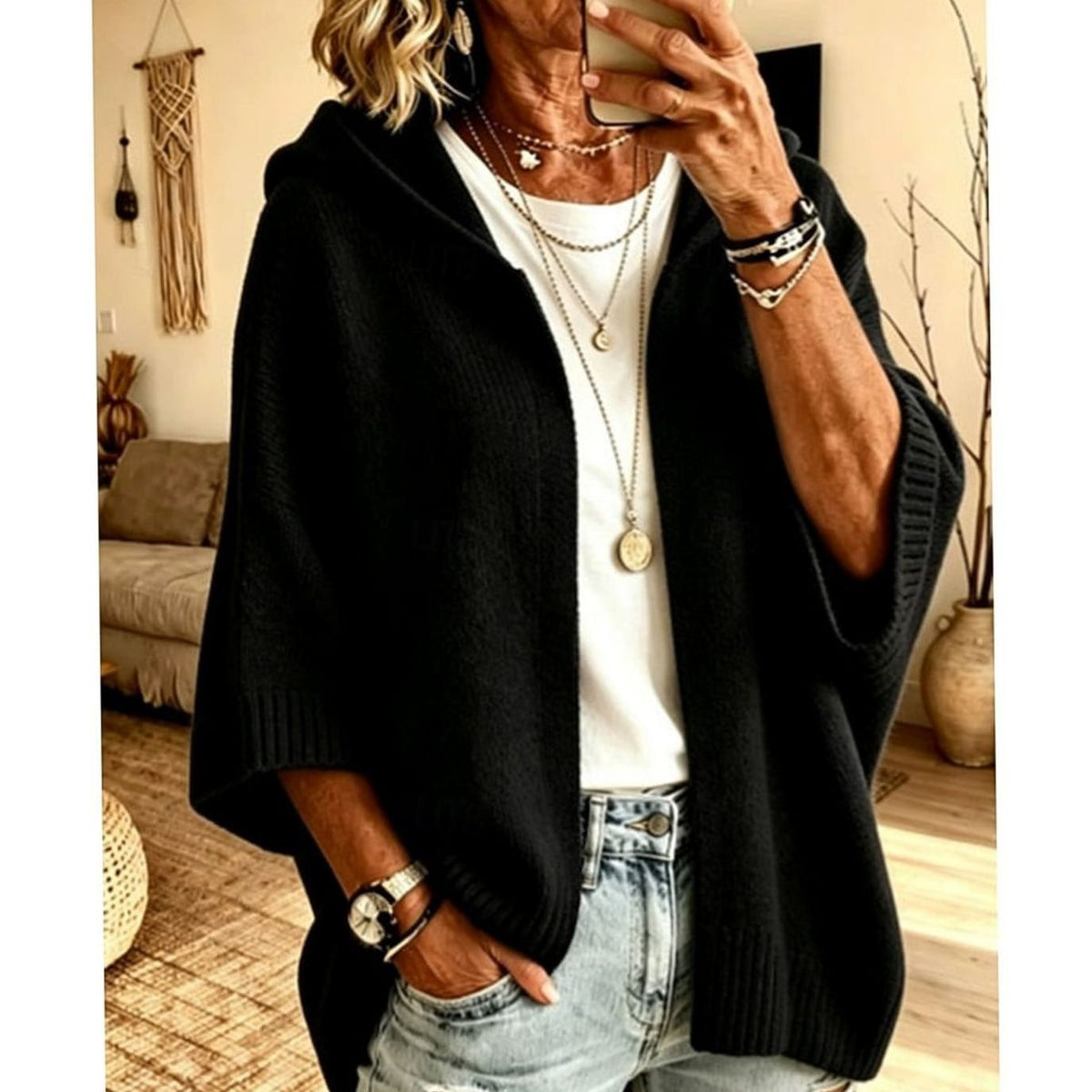 Women's Hooded Batwing Cardigan – Oversized Open-Front Knit Sweater