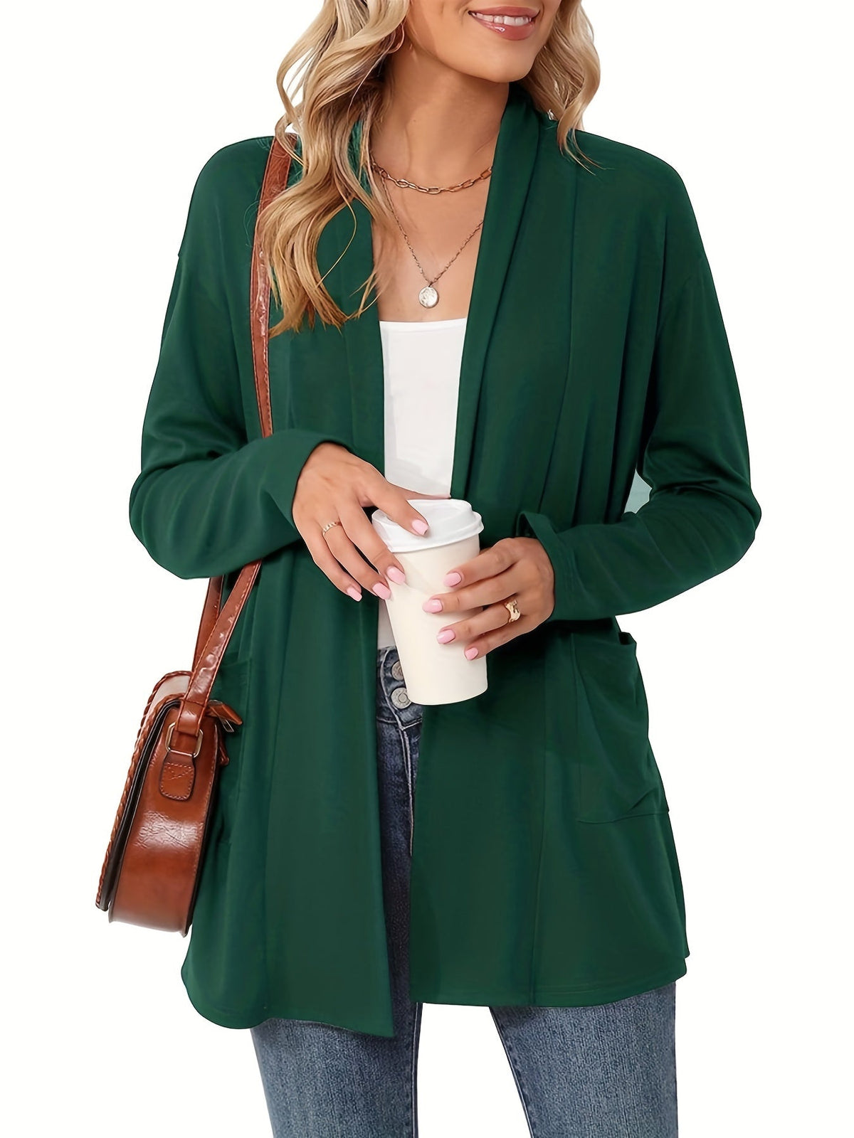 Women's Open-Front Knit Cardigan with Pockets – Soft Long Sleeve Layering Sweater