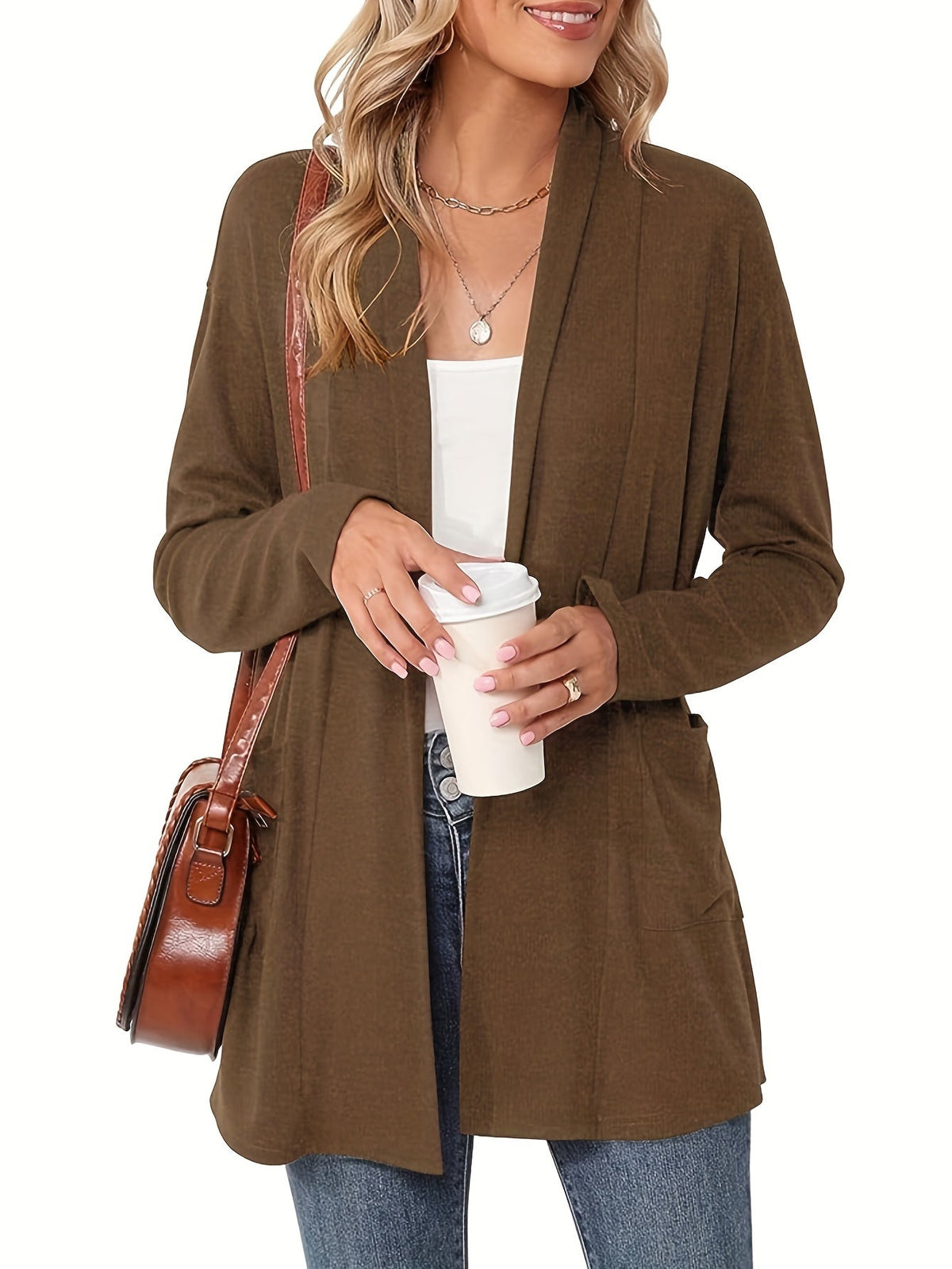 Women's Open-Front Knit Cardigan with Pockets – Soft Long Sleeve Layering Sweater
