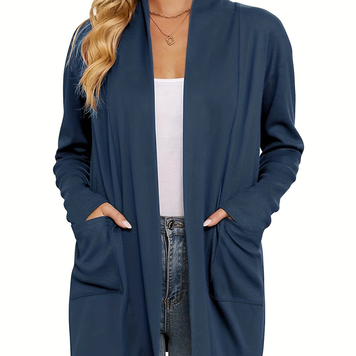 Women's Open-Front Knit Cardigan with Pockets – Soft Long Sleeve Layering Sweater