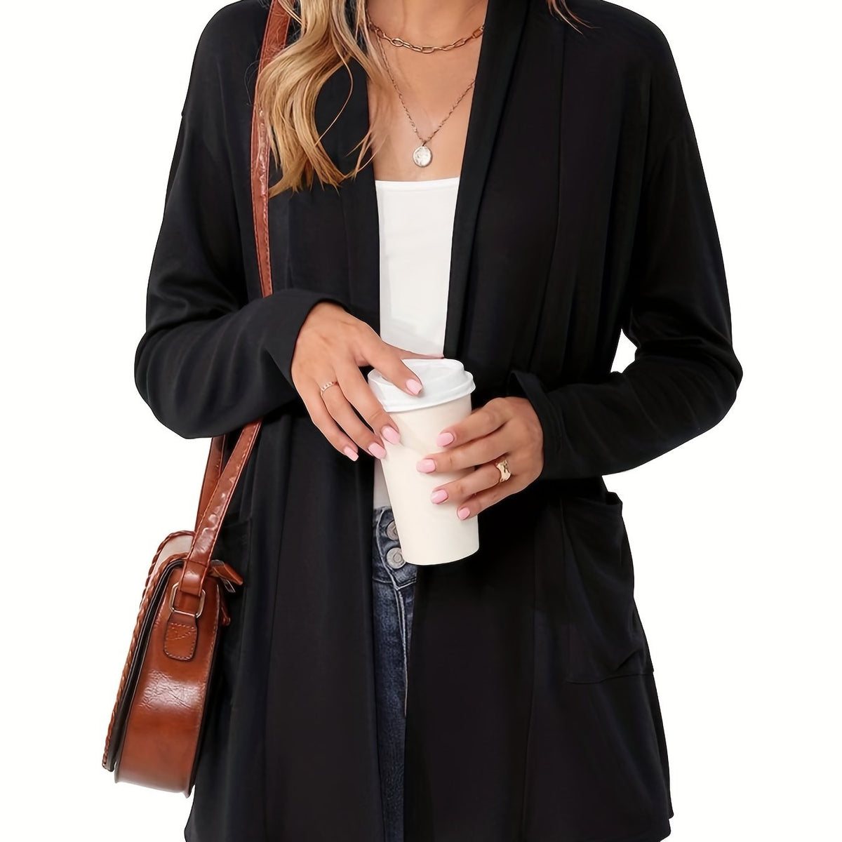 Women's Open-Front Knit Cardigan with Pockets – Soft Long Sleeve Layering Sweater