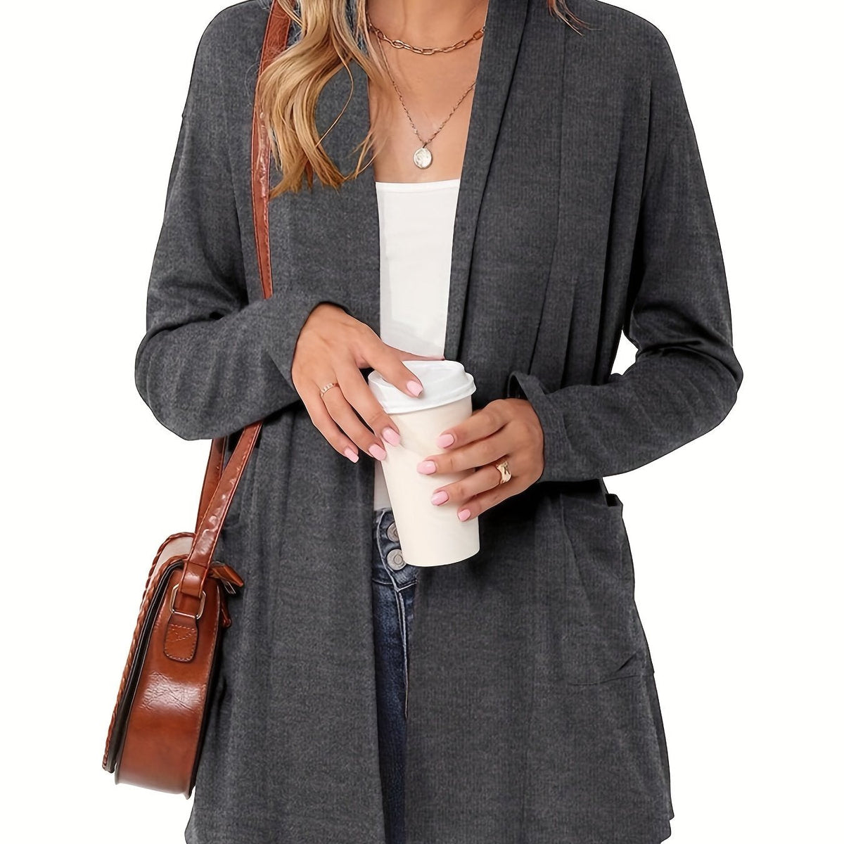Women's Open-Front Knit Cardigan with Pockets – Soft Long Sleeve Layering Sweater