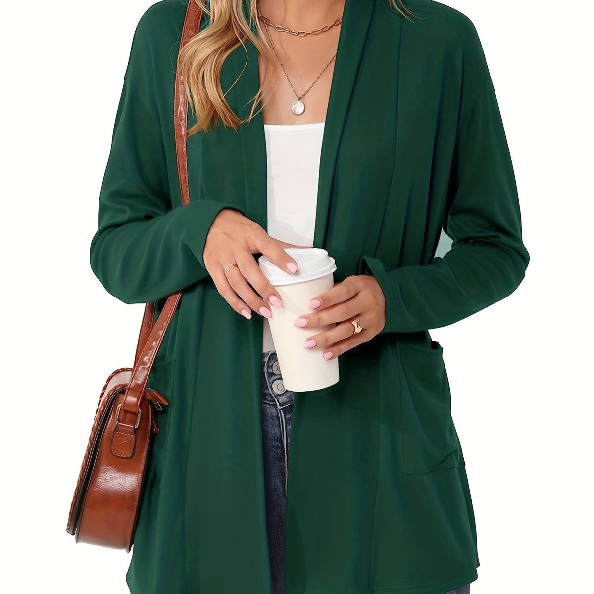Women's Open-Front Knit Cardigan with Pockets – Soft Long Sleeve Layering Sweater