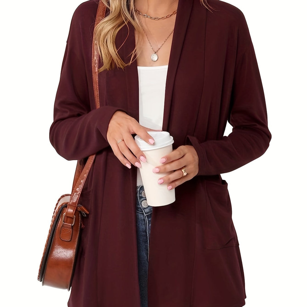 Women's Open-Front Knit Cardigan with Pockets – Soft Long Sleeve Layering Sweater