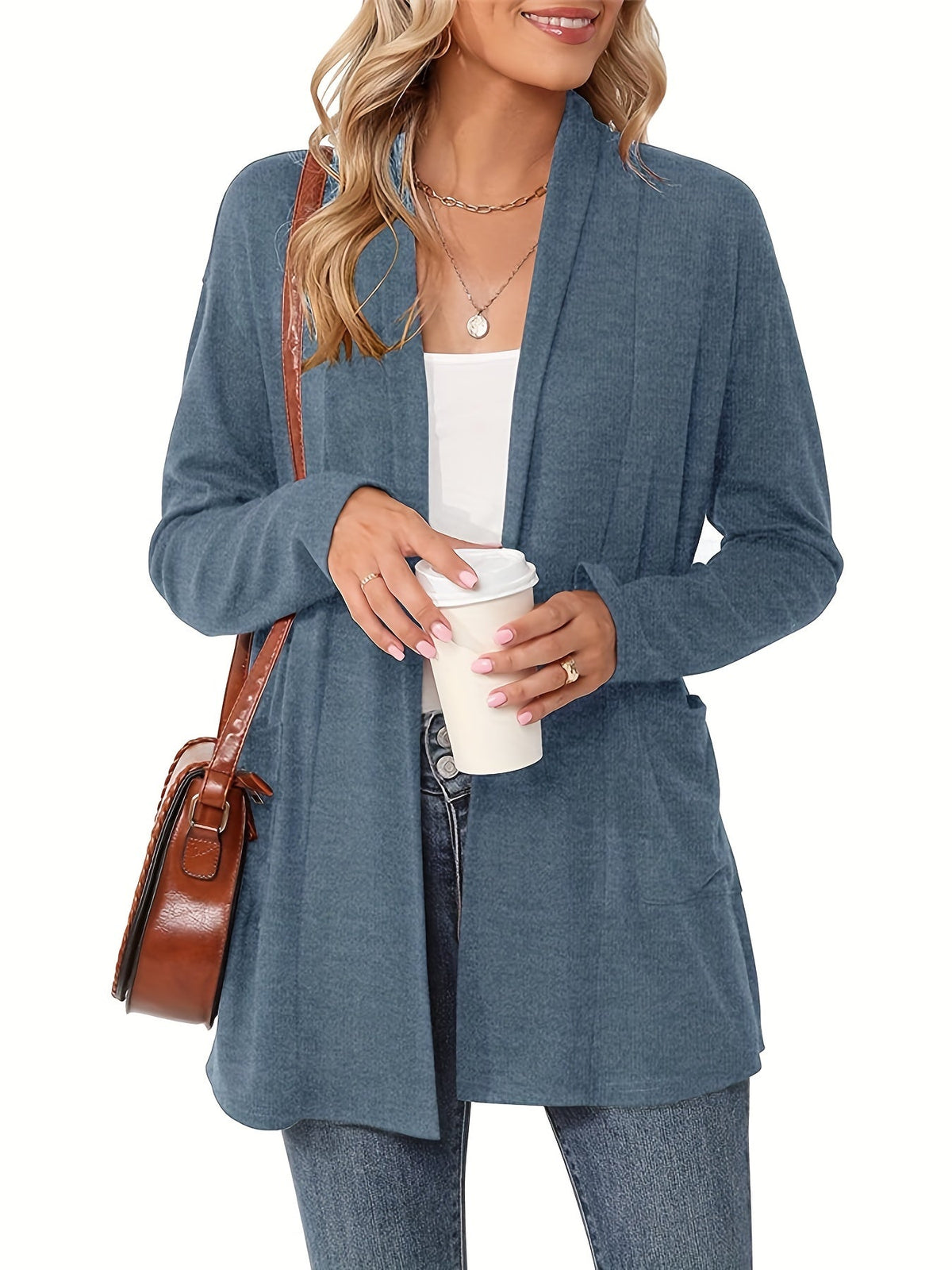 Women's Open-Front Knit Cardigan with Pockets – Soft Long Sleeve Layering Sweater