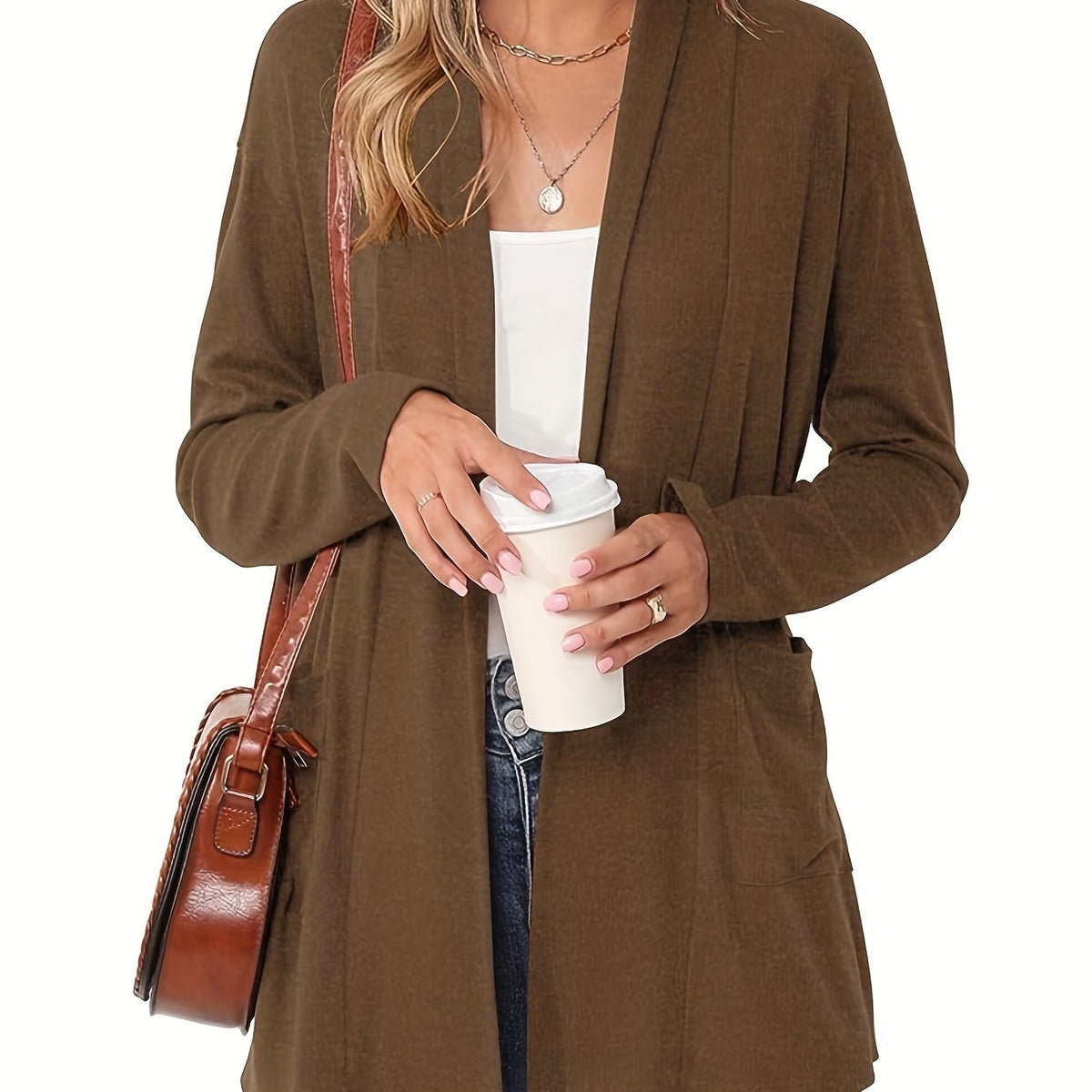 Women's Open-Front Knit Cardigan with Pockets – Soft Long Sleeve Layering Sweater