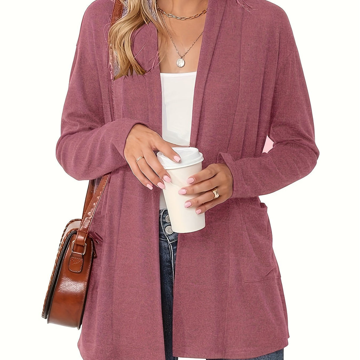 Women's Open-Front Knit Cardigan with Pockets – Soft Long Sleeve Layering Sweater