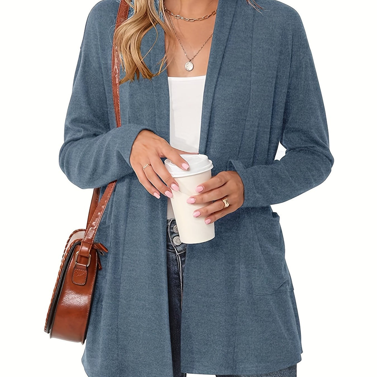Women's Open-Front Knit Cardigan with Pockets – Soft Long Sleeve Layering Sweater