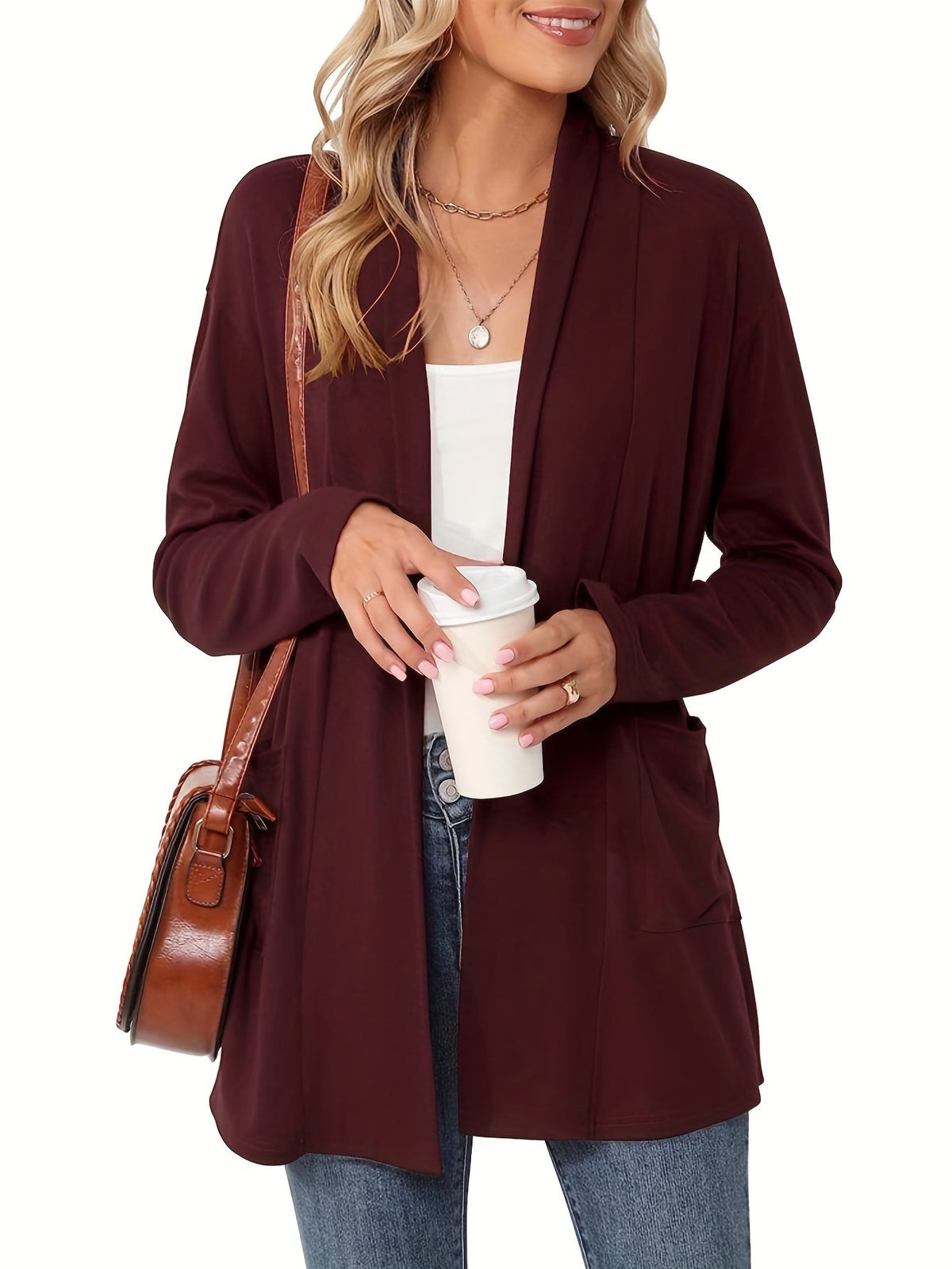 Women's Open-Front Knit Cardigan with Pockets – Soft Long Sleeve Layering Sweater