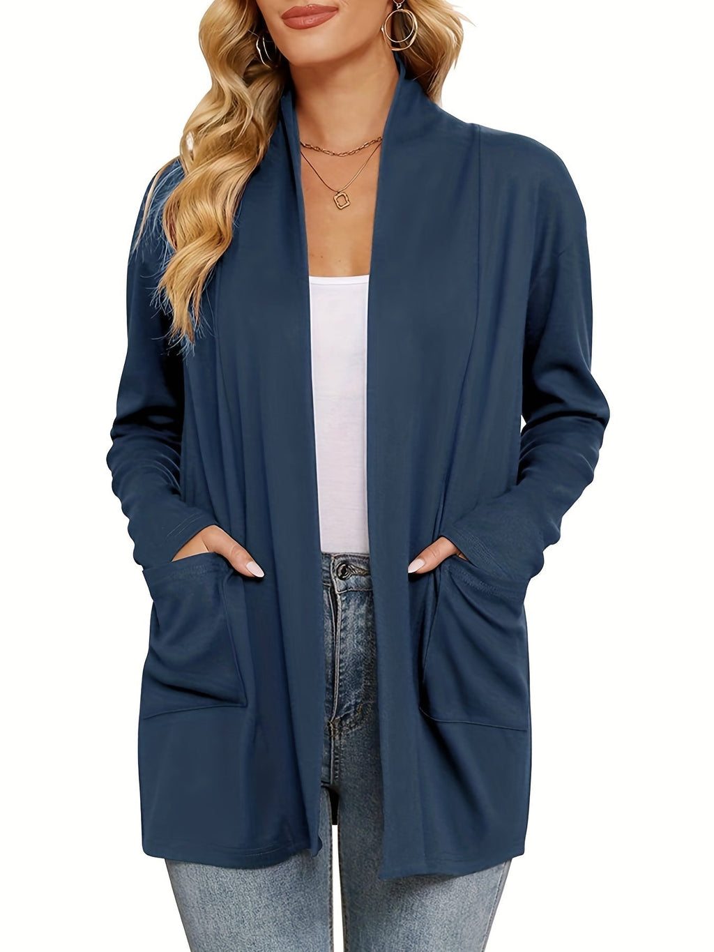 Women's Open-Front Knit Cardigan with Pockets – Soft Long Sleeve Layering Sweater