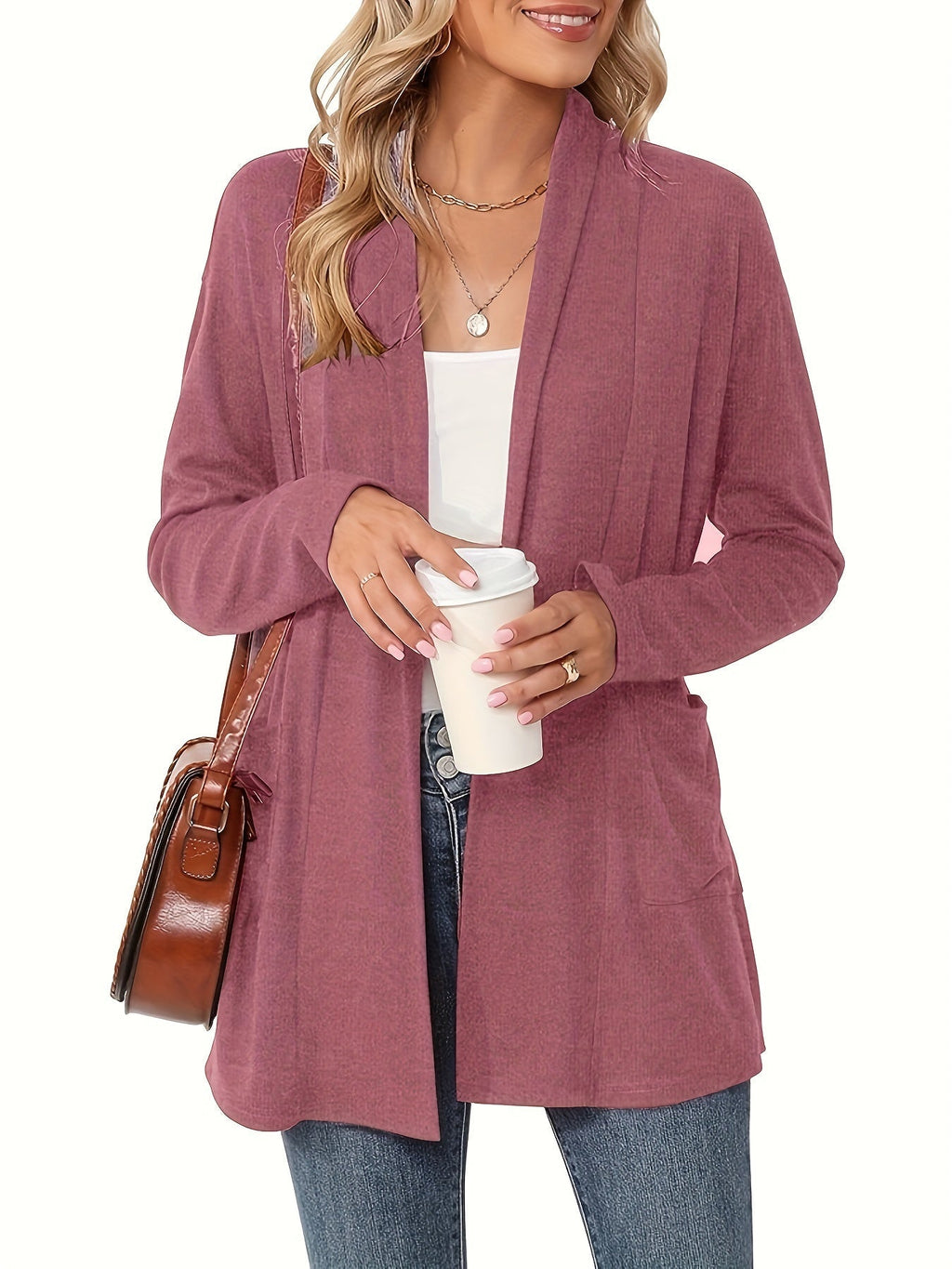 Women's Open-Front Knit Cardigan with Pockets – Soft Long Sleeve Layering Sweater
