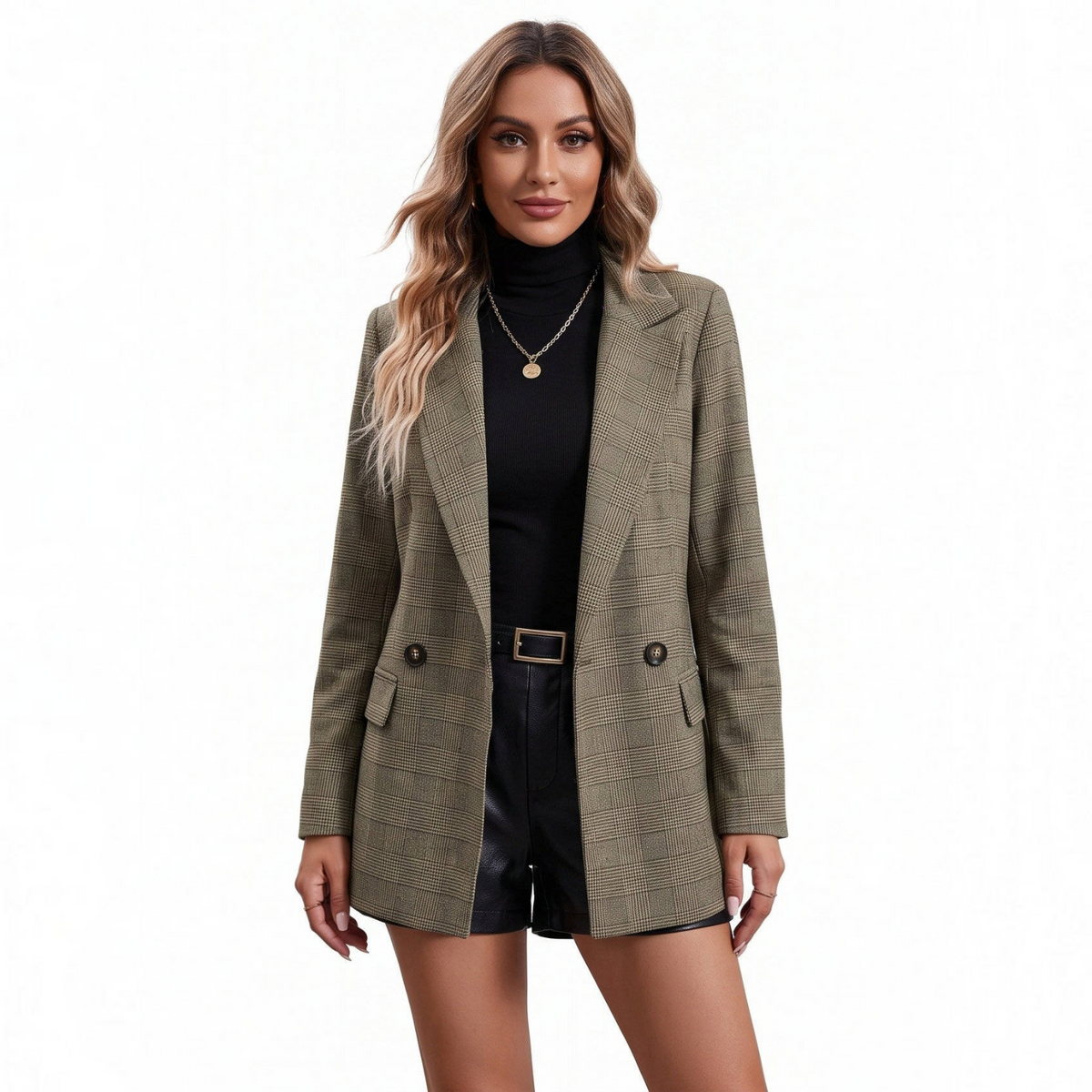 Women's Plaid Blazer – Houndstooth Business Casual Jacket for Fall