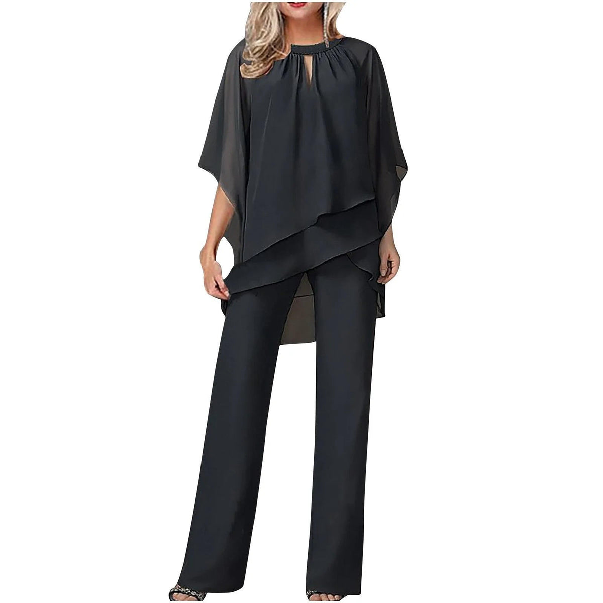 Women's Two-Piece Pantsuit with Batwing Sleeves – Shimmer Detail Dressy Set