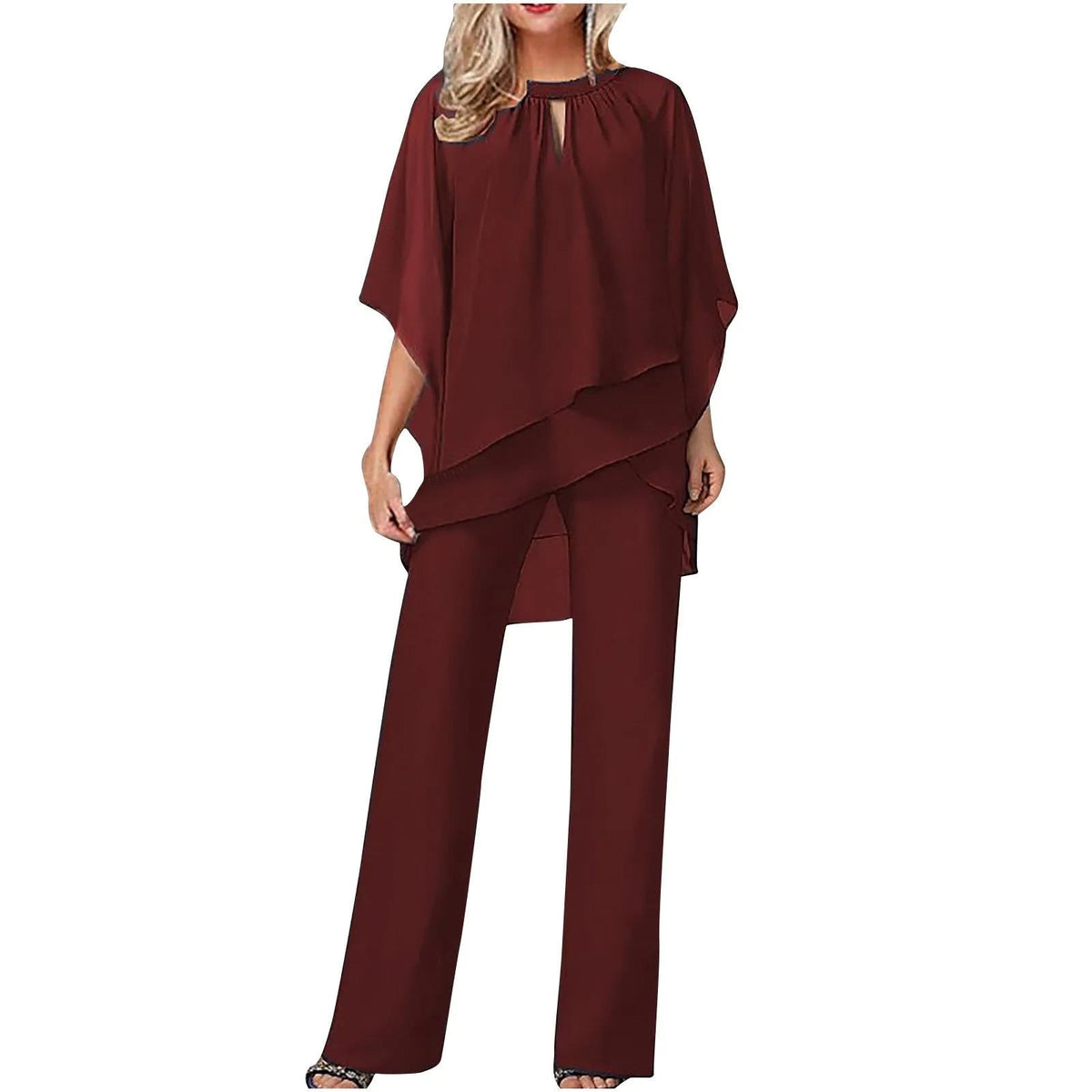 Women's Two-Piece Pantsuit with Batwing Sleeves – Shimmer Detail Dressy Set