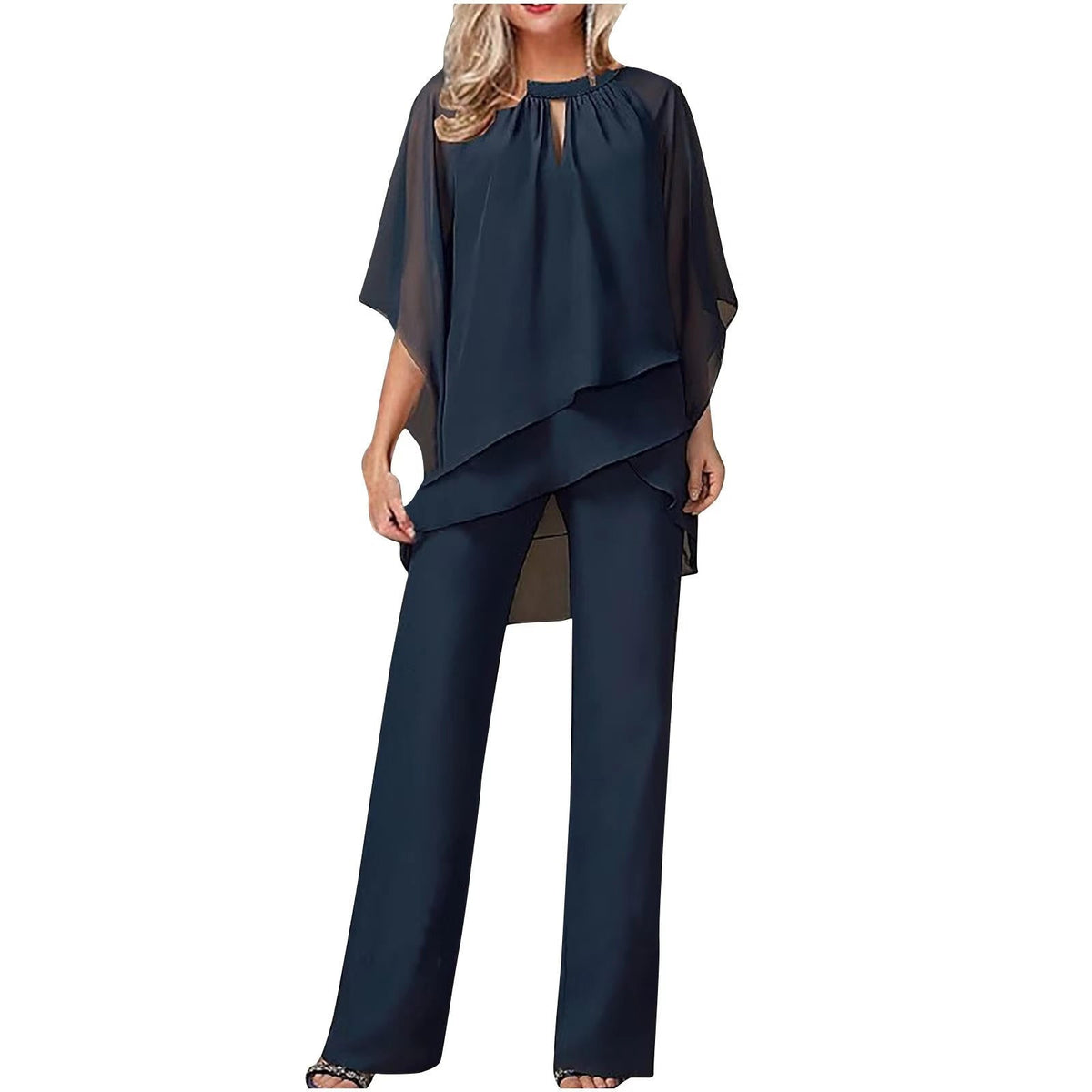 Women's Two-Piece Pantsuit with Batwing Sleeves – Shimmer Detail Dressy Set
