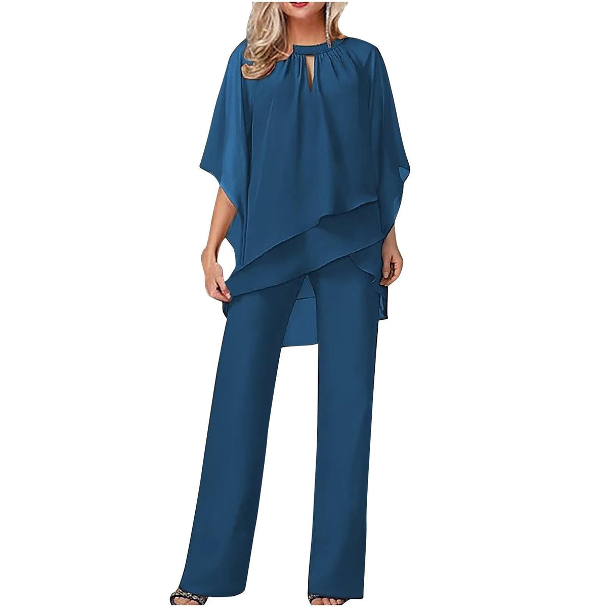 Women's Two-Piece Pantsuit with Batwing Sleeves – Shimmer Detail Dressy Set