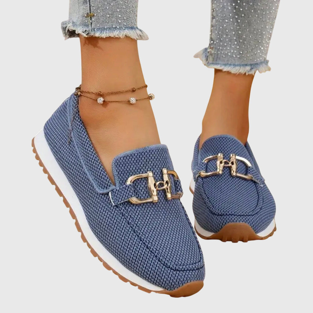 Women's Knit Mesh Loafer Sneakers – Slip-On Shoes with Gold-Tone Bit Buckle