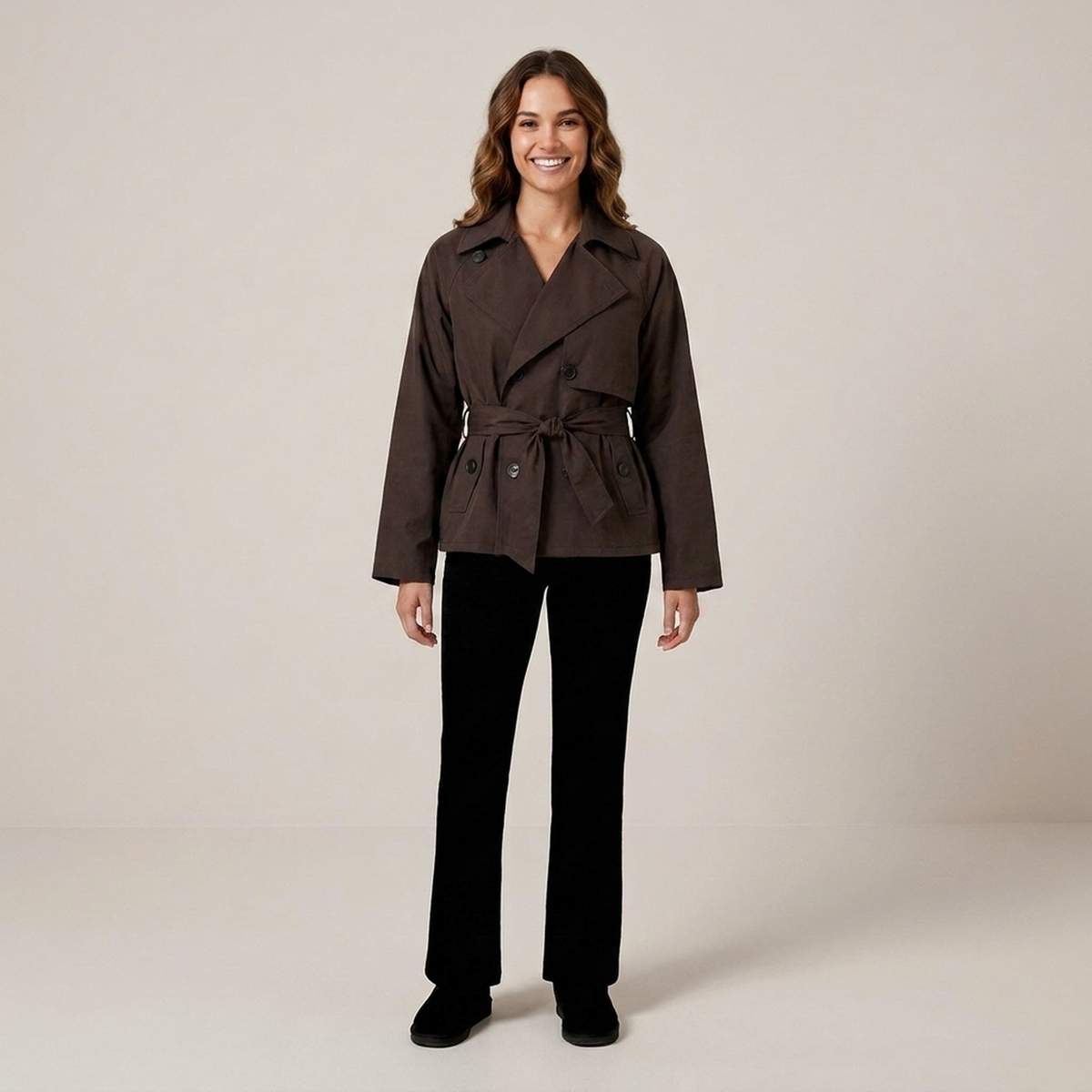 Cropped Tie-Waist Parka – Womens Double-Breasted Winter Jacket with Belt