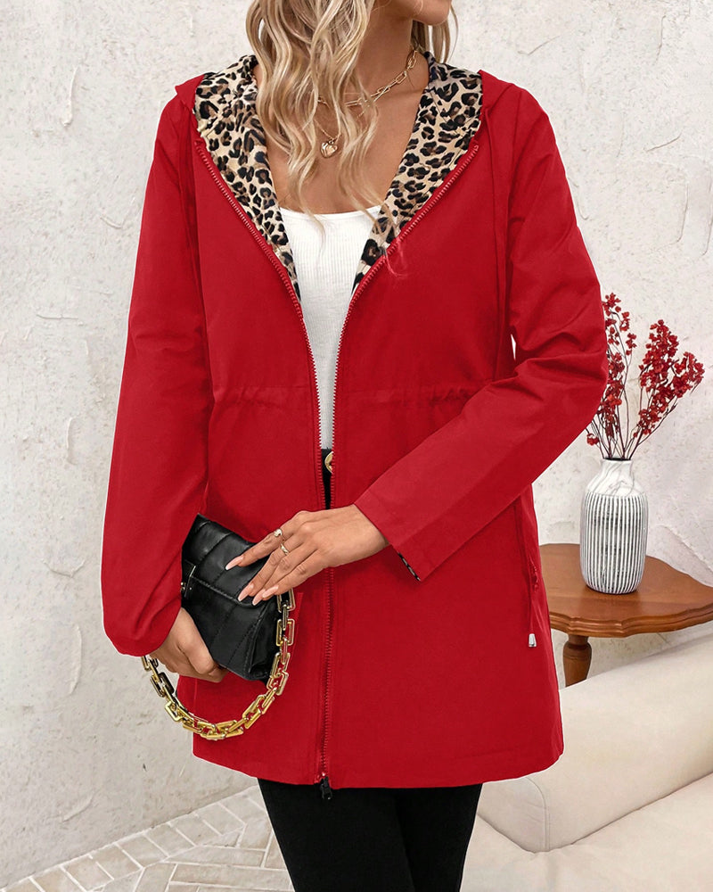 Women's Reversible Coat – Solid and Leopard Print Two-in-One Jacket