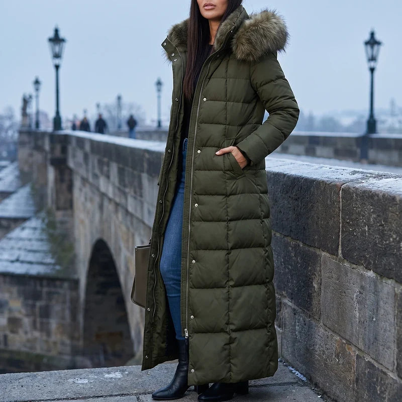 Women's Maxi Length Puffer Coat with Faux Fur Hood – Ankle Length Quilted Winter Coat