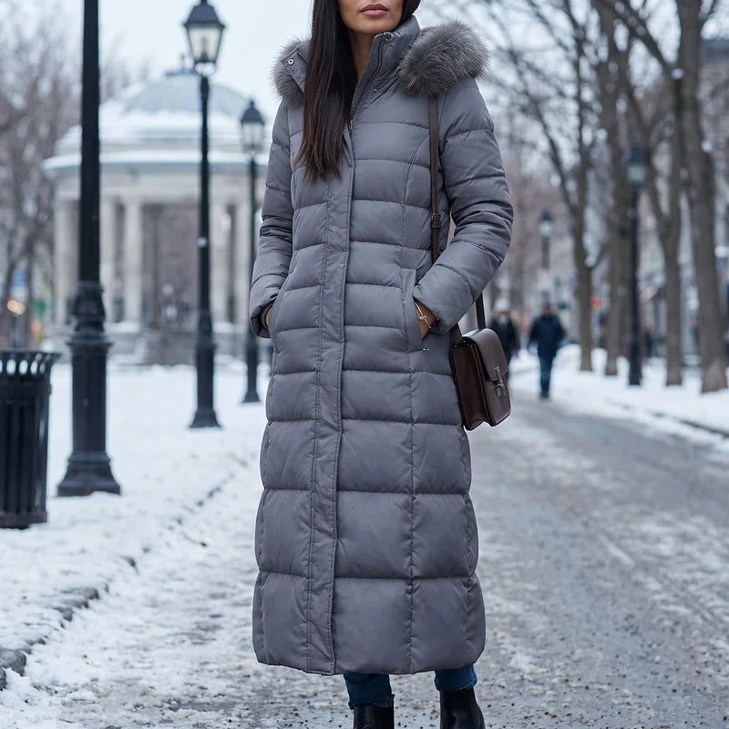 Women's Maxi Length Puffer Coat with Faux Fur Hood – Ankle Length Quilted Winter Coat