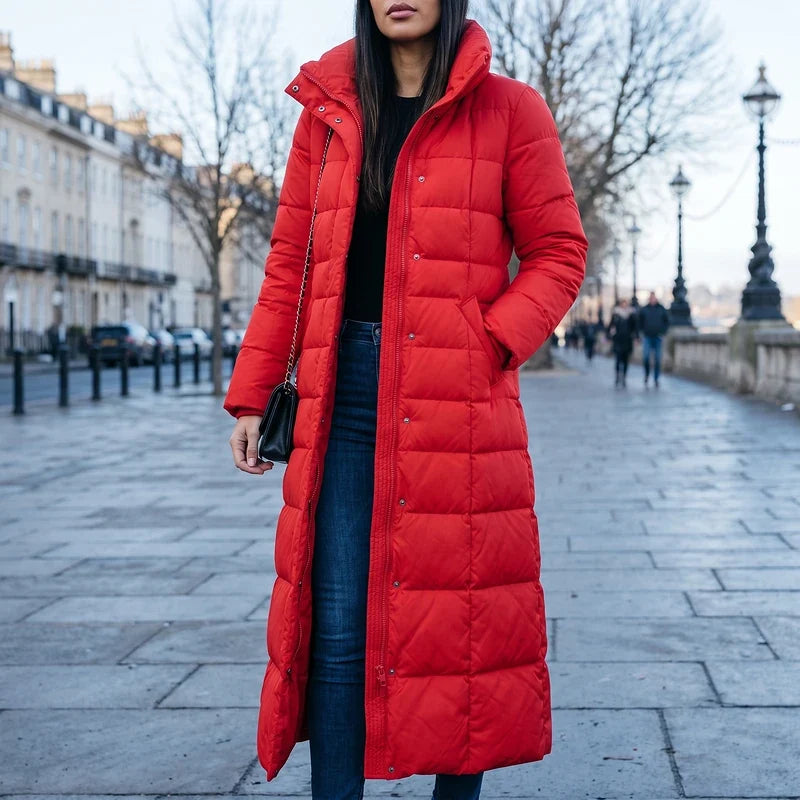 Women's Maxi Length Puffer Coat with Faux Fur Hood – Ankle Length Quilted Winter Coat